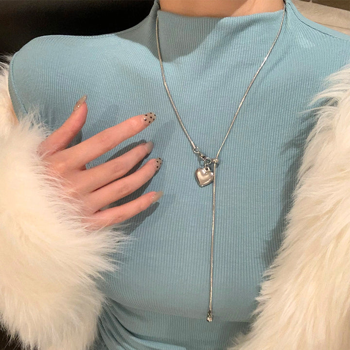 Korean Style Silver Heart Pull Tassel Sweater Chain Minimalist Exquisite Necklace Female Niche Design Necklace Clavicle Chain