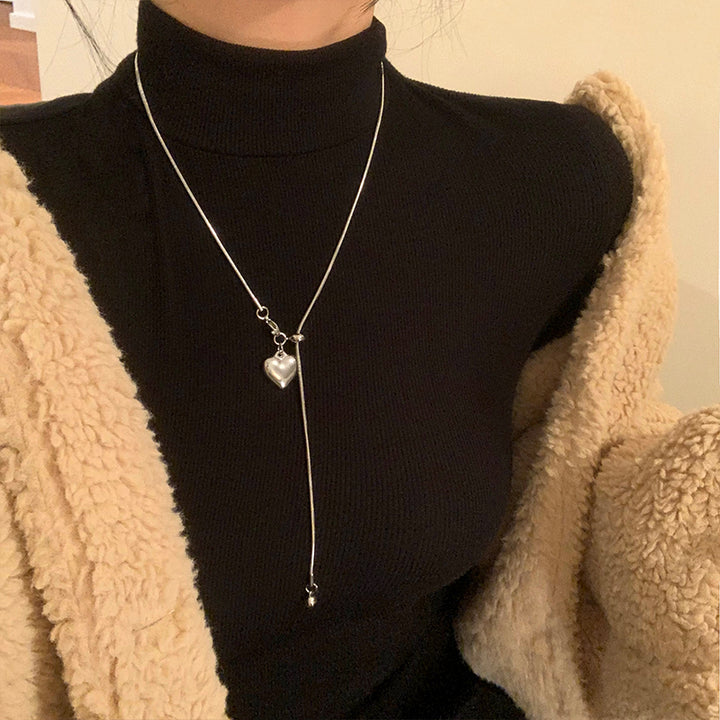 Korean Style Silver Heart Pull Tassel Sweater Chain Minimalist Exquisite Necklace Female Niche Design Necklace Clavicle Chain