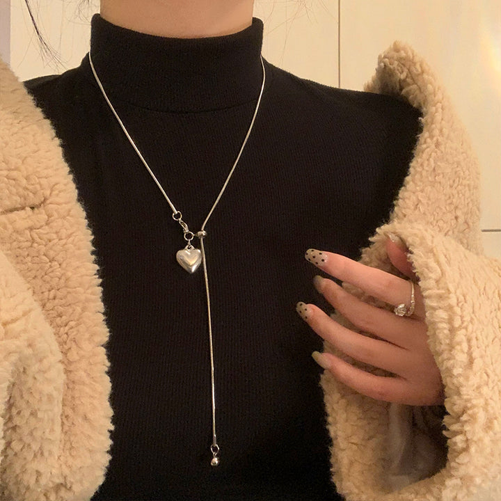 Korean Style Silver Heart Pull Tassel Sweater Chain Minimalist Exquisite Necklace Female Niche Design Necklace Clavicle Chain