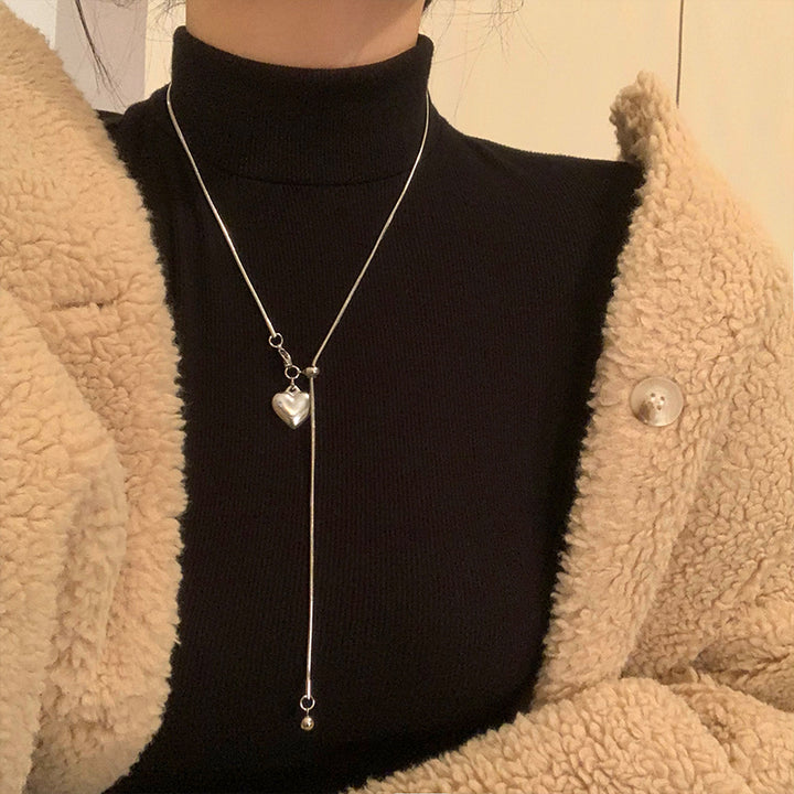 Korean Style Silver Heart Pull Tassel Sweater Chain Minimalist Exquisite Necklace Female Niche Design Necklace Clavicle Chain