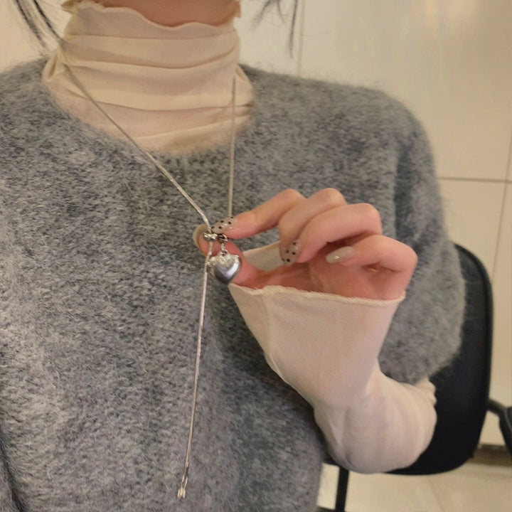 Korean Style Silver Heart Pull Tassel Sweater Chain Minimalist Exquisite Necklace Female Niche Design Necklace Clavicle Chain